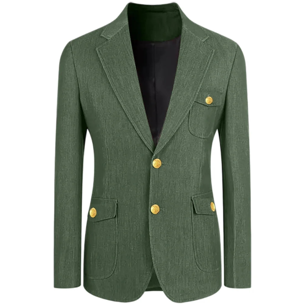 Men's Denim Suit Jacket Classic Notched Lapel Slim Fit Gold Buttons Multiple Pockets Formal Blazer Business Casual Daily Wear