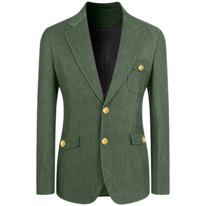 Men's Denim Suit Jacket Classic Notched Lapel Slim Fit Gold Buttons Multiple Pockets Formal Blazer Business Casual Daily Wear