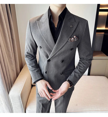 (Blazer + Trousers) Fashion Double Breasted Design Slim Men's Suit Italian Style Luxury Wedding Social Party Tuxedo 2 Piece Set