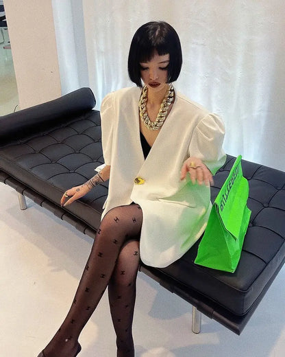 Loose Fit One Button Bubble Sve V Ne Women's Suiting Top Korean Design Summer Casual Versatile Faion Polyester