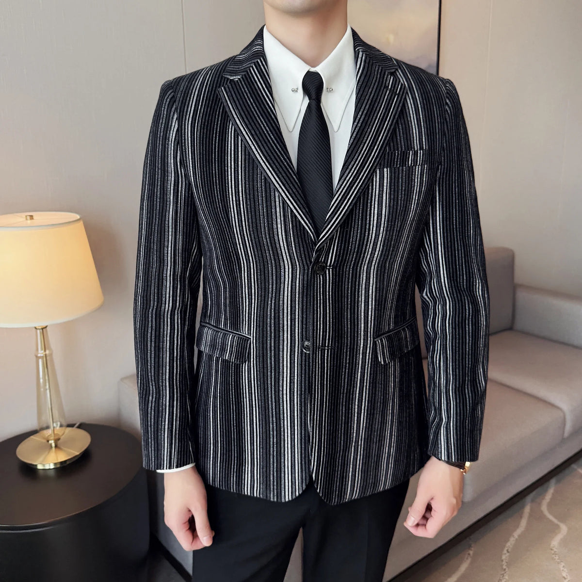 High Quality Plush Striped Fashion casual Suit Jacket Autumn Winter New Men Slim Fit Business Formal Social Prom Party Tuxedos
