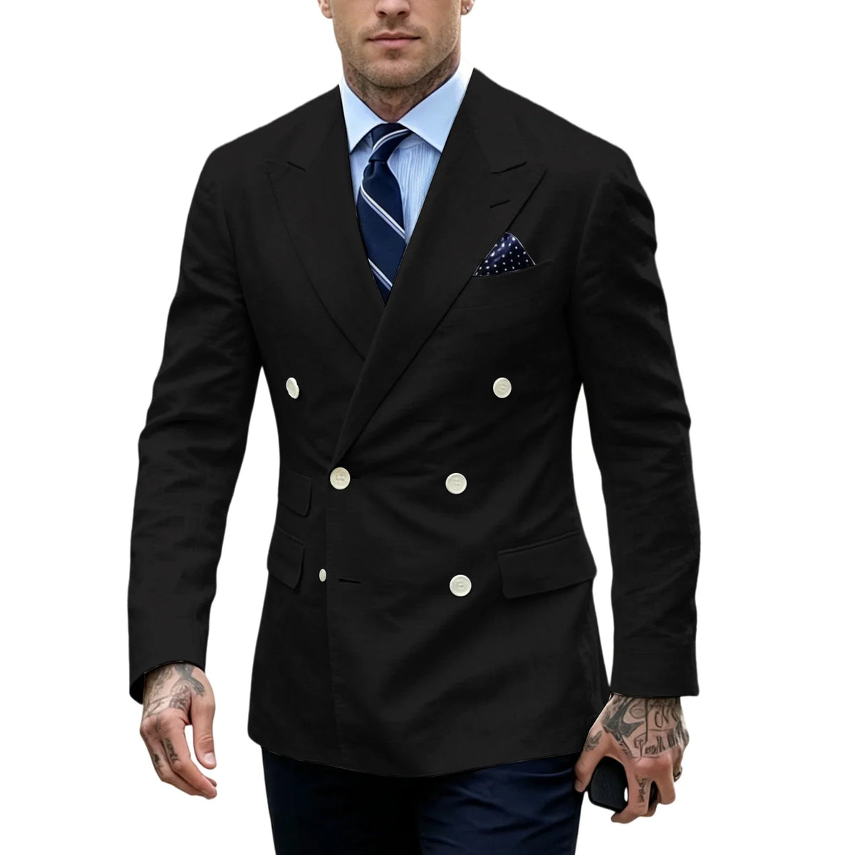 Men's Double Breasted Blazer Slim Fit Linen Suit Jacket Formal Business Casual Tuxedo for Wedding Prom Office Party Daily Wear