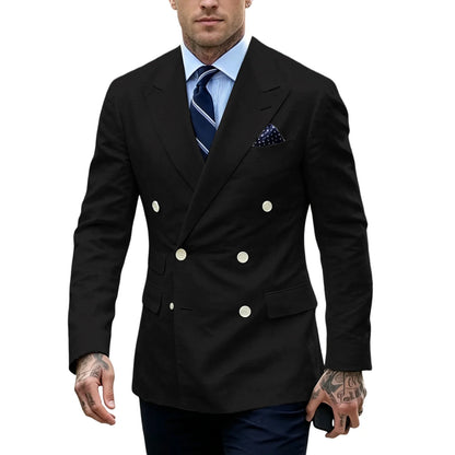 Men's Double Breasted Blazer Slim Fit Linen Suit Jacket Formal Business Casual Tuxedo for Wedding Prom Office Party Daily Wear