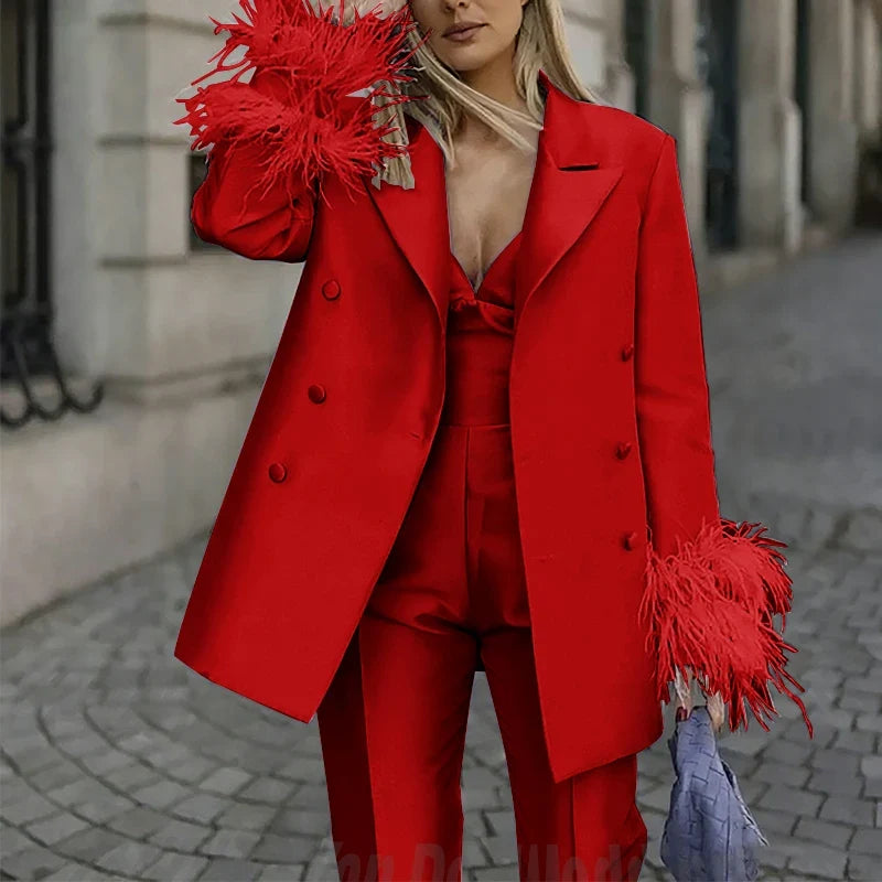 Classic Satin Women's Suit Set 2 Piece Exquisite Feather Double Breasted Jacket With Pants Evening Party Luxury Trouser Suits