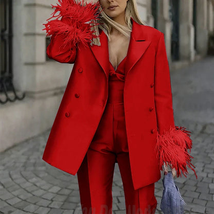 Classic Satin Women's Suit Set 2 Piece Exquisite Feather Double Breasted Jacket With Pants Evening Party Luxury Trouser Suits