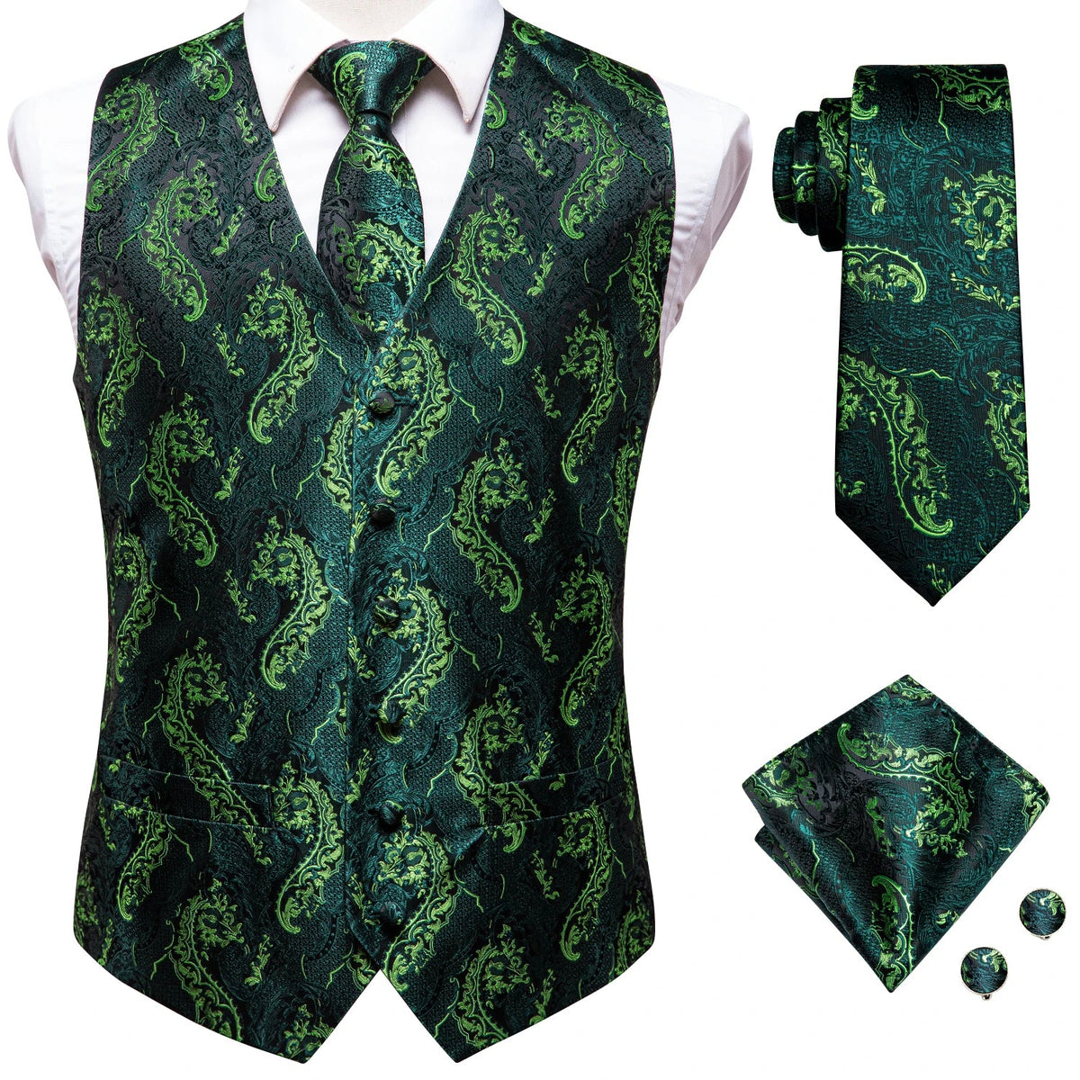 Men's Suit Vest 4-Piece Set | Woven Paisley Waistcoat with Tie, Pocket Square & Cufflinks | Wedding & Business Formal