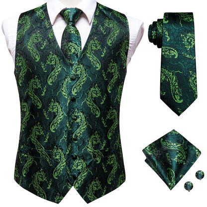 Men's Suit Vest 4-Piece Set | Woven Paisley Waistcoat with Tie, Pocket Square & Cufflinks | Wedding & Business Formal