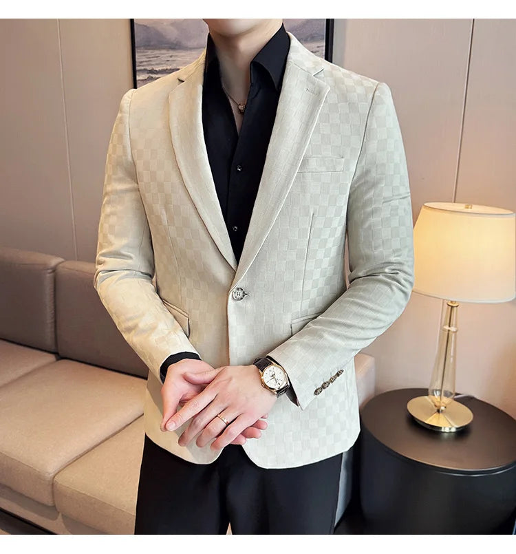 2024 Spring Plaid Blazers Men Single Breasted Casual Business Suit Jacket Fashion Slim Social Banquet Wedding Groom Dress Coats