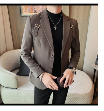 2024 Autumn Winter New Strap Decoration Suit Jacket for Men Fashion Slim Casual Business Blazers Groom Wedding Social Tailcoat