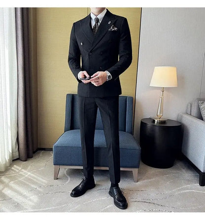 Korean Slim Fitt Wedding Suit Fashion Striped Double Breasted Suit 3 Piece Set Business Formal Casual Party Prom Host Suits