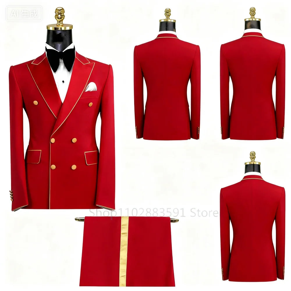 Men's Double-Breasted Suit Set – Peak Lapel, Solid 2-Piece for Wedding & Formal Occasions
