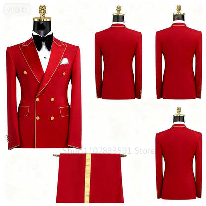 Men's Double-Breasted Suit Set – Peak Lapel, Solid 2-Piece for Wedding & Formal Occasions
