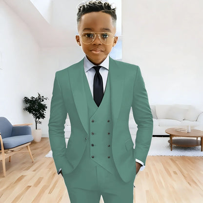 Dark Green boy's suit 3-piece jacket vest pants Peaked lapel slim fit attire for wedding prom dinner party custom kids tuxedo