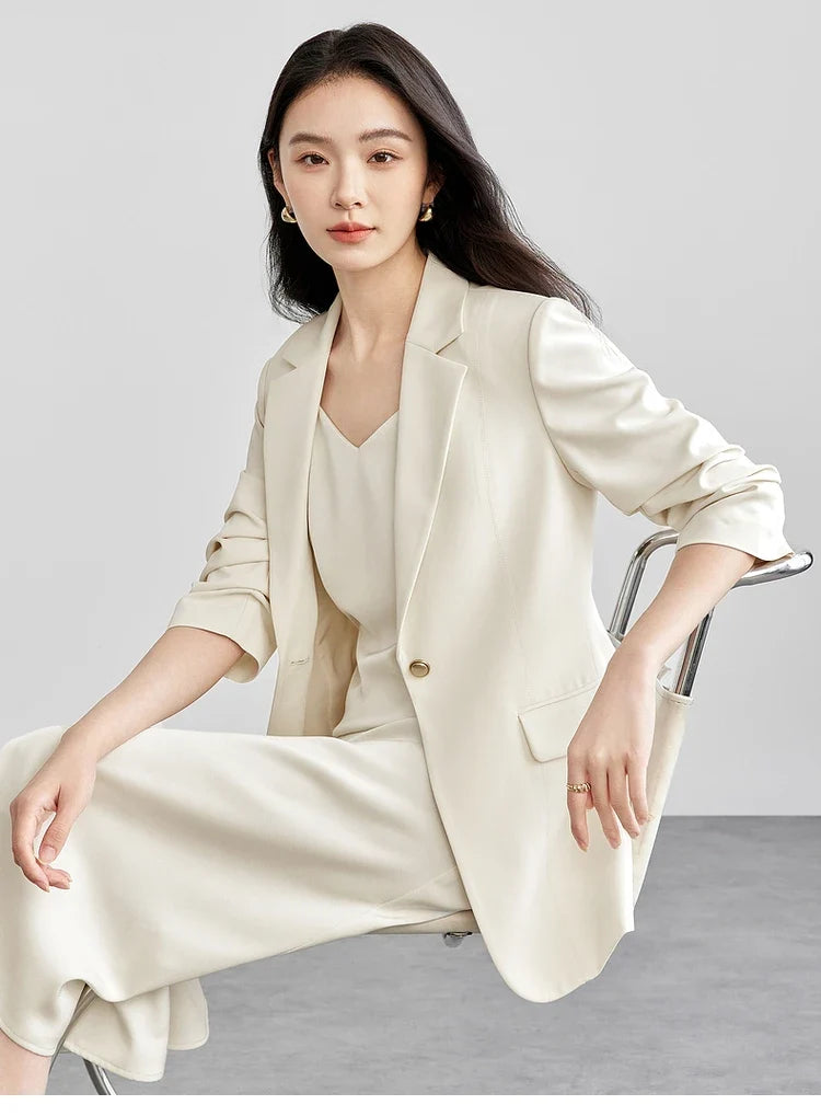 Women's Blazer 2026 Spring Fall Shoulder Pad Gathered Cuff Legant Draped Office Ladies Jackets Woman Clothes 151X57670
