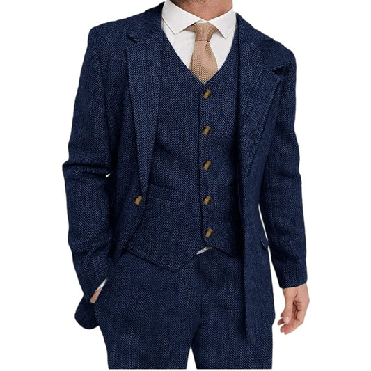 Men's 3-Piece Suit Herringbone Wool Blend Single Breasted Slim Fit Wedding & Formal Tailored Set