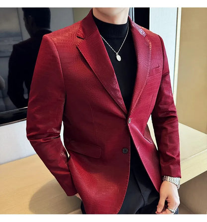 2026 Crocodile Patterned Leather Suit Jacket Men Slim Fit Business Casual Leather Jacket Wedding Groom Party Work Men Blazers