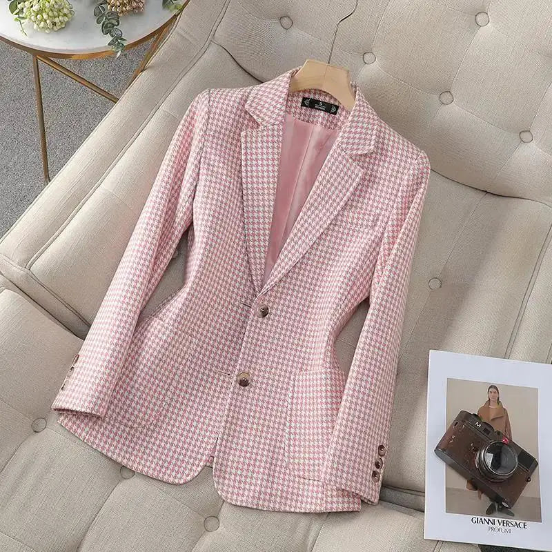 Women Office Ladies Single Breasted Slim Blazer Coat Autumn Winter Fashion Plaid Temperament Long Sleeved Elegant Tops Vacation