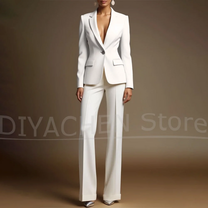 Women's White Suit Set Slim Fit Two Piece Jacket and Wide Leg Pants Office Casual Formal Occasions Elegant Female Outfit