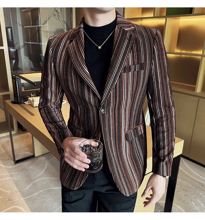 High Quality Plush Striped Fashion casual Suit Jacket Autumn Winter New Men Slim Fit Business Formal Social Prom Party Tuxedos