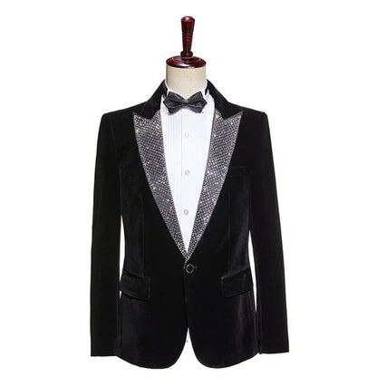Black Elegant Beaded Men's Velvet Suit Set 2 Pieces Wedding Groom Sets Autumn Peak Lapel Slim Fit Suits Banquet Party Wear
