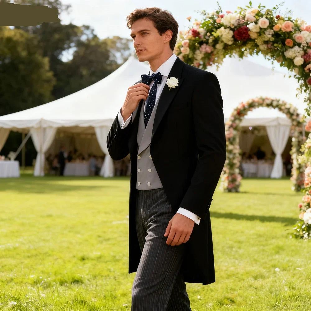 Men's 3-Piece Long-Tail Blazer Tuxedo Smoking Suit for Wedding Party Fashionable Male Jacket Coat Casual Formal Wear