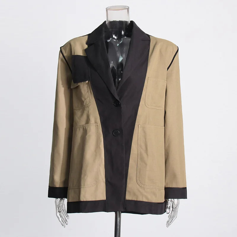 Women Blazer Elegant Contrast Color Deconstructed Trendy Multi-pocket Safari Style Patchwork Design Niche Suit-Coat HK25482