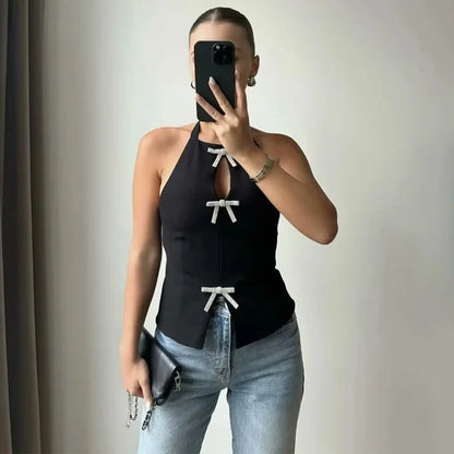 Rhinestone Bow Halter Top Women Off Shoulder White Crop Top Woman Party Backless Sexy Tops Summer Cut Out Short Black Top
