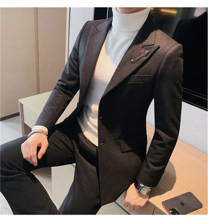 Autumn Pin Decoration Men Blazers Casual Suit Jacket Single Breasted Streetwear Social Business Dress Coat Wedding Groom Jacket