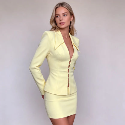 2026 New2Pcs Outfit, Slim Cut Deep V Blazer+Mini Skirt, Structured Shoulder, Elegant Suit for Club Date Cocktail Party