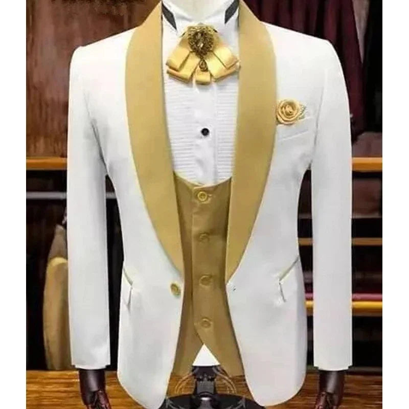 White men Wedding Suits For Groom With Gold Shawl Lapel 3 Piece Custom Slim Fit Men Suits Set Jacket Vest Pant