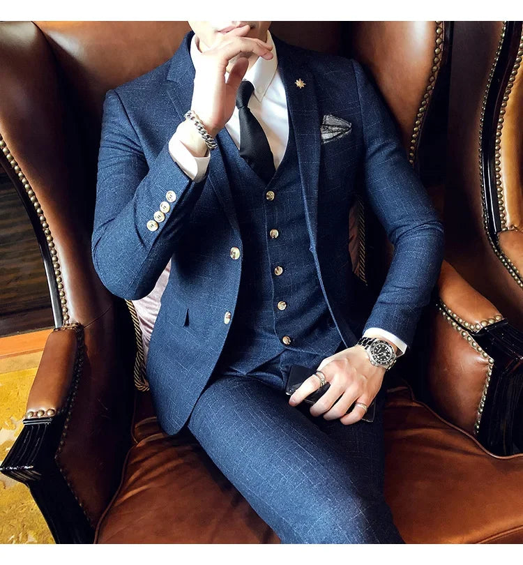 Men's 3-Piece Striped Formal Suit – Blazer, Vest & Trousers | Italian Style Business Gentleman