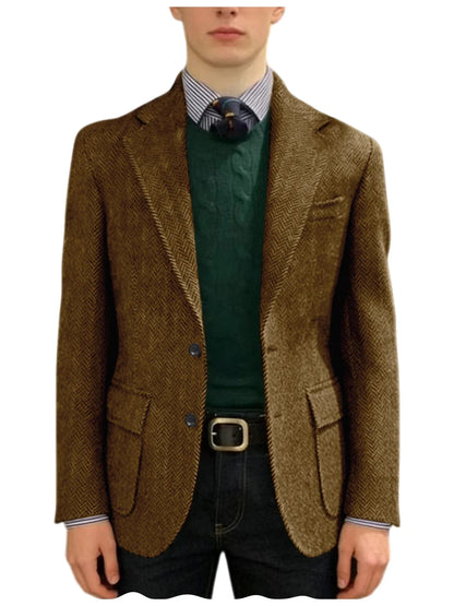 Men's Herringbone Tweed Blazer Classic Fit 2-Button Notch Lapel Flap Pockets Suit Jacket Casual Daily Business Men Sport Coat