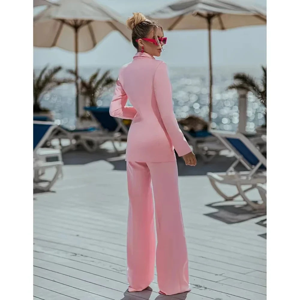 2 Piece Pink Ladies Suits Elegant Double Breasted Peak Lapel Outfit Casual Slim Daily Prom Party Women Suits Jacket+Pant