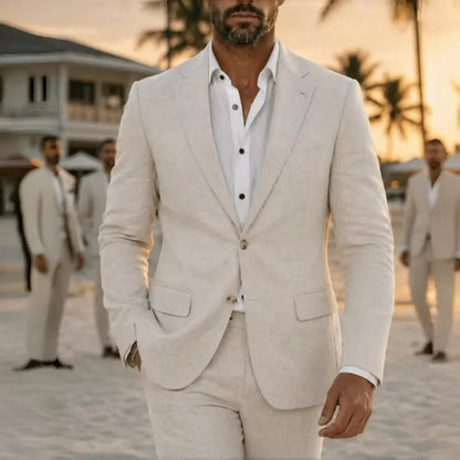 Men's Casual Linen 2-Pieces Set Slim Fit Blazer And Pant Summer Beach Wedding Party Dance Groomsmen Smoking