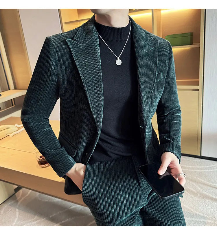 ( Jacket+Pants) Men Corduroy Suit Two-Piece Set High Quality Italian Style Business Suit Luxury Men Formal Wedding Groom Tuxedos