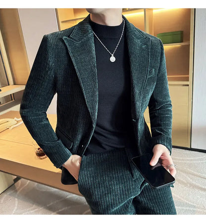 ( Jacket+Pants) Men Corduroy Suit Two-Piece Set High Quality Italian Style Business Suit Luxury Men Formal Wedding Groom Tuxedos