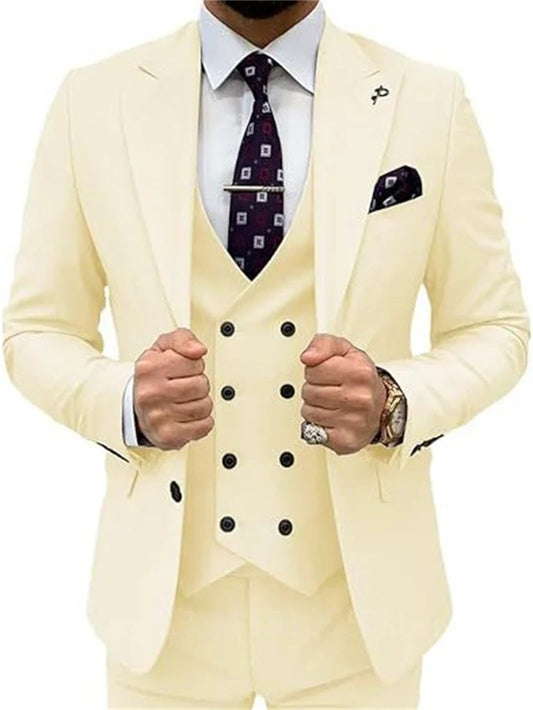 Men's Linen 3-Piece Slim Fit Suit | Peak Lapel | Blue & Beige | XS–6XL