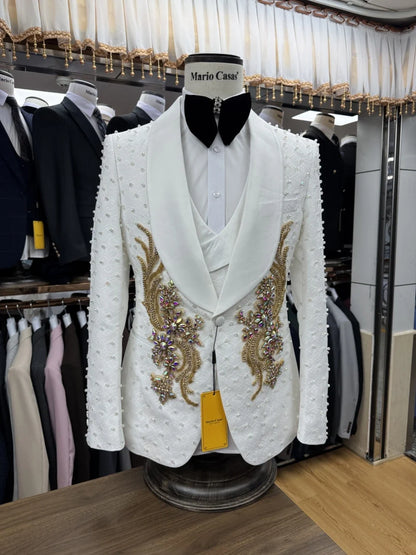 Customized Exquisite Beaded Crystal Suit Set 3 Pieces For Men Wedding Prom Wear Classy Single Breasted Men's Suits Customized