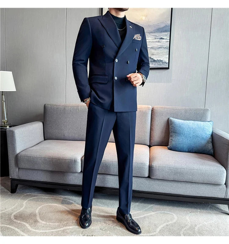 (Jackets+Pant) High Quality Dark Striped Double Breasted Suit Luxury Men Fashion Elegant Tuxedo Formal Groom Wedding Social Suit