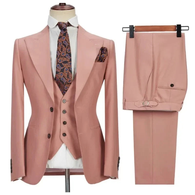 Navy Men's Suits 3 Pieces Side Slit Peaked Lapel Man Clothing Business Formal Wedding Groom Prom Dress Wear Blazer+Vest+Pants