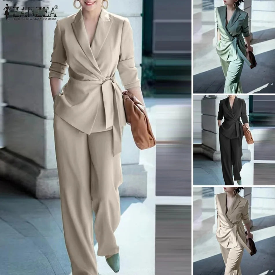 Spring 2pcs Office Women Matching Sets Solid Work OL Blazer Suits Fashion Long Sleeve Shirt Wide Leg Pant Sets Outfit 2026