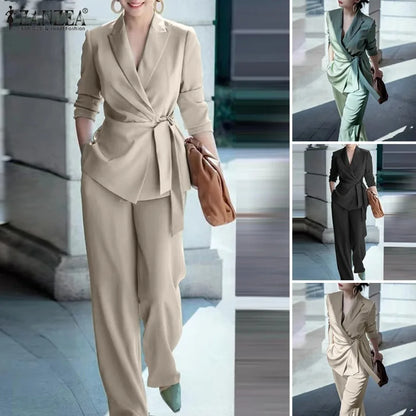Spring 2pcs Office Women Matching Sets Solid Work OL Blazer Suits Fashion Long Sleeve Shirt Wide Leg Pant Sets Outfit 2026