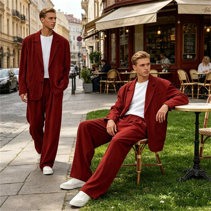 Men's Linen Blend Wrinkled Two Piece Suit Loose Two Button Blazer Wide Leg Trousers Casual Vacation Daily Soft Breathable Outfit