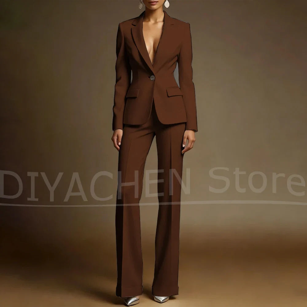 Women's White Suit Set Slim Fit Two Piece Jacket and Wide Leg Pants Office Casual Formal Occasions Elegant Female Outfit