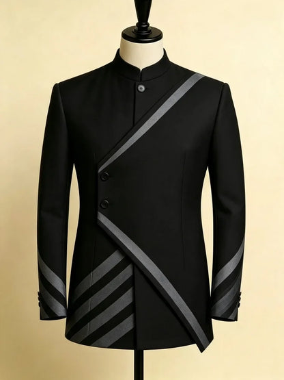 Mens Black Grey Diagonal Stripe Single Jacket Slim Mandarin Collar New Chinese Style Daily Business Outerwear