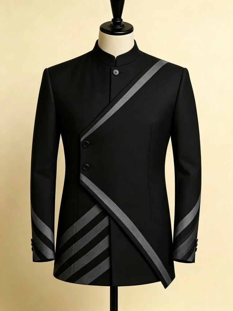 Mens Black Grey Diagonal Stripe Single Jacket Slim Mandarin Collar New Chinese Style Daily Business Outerwear