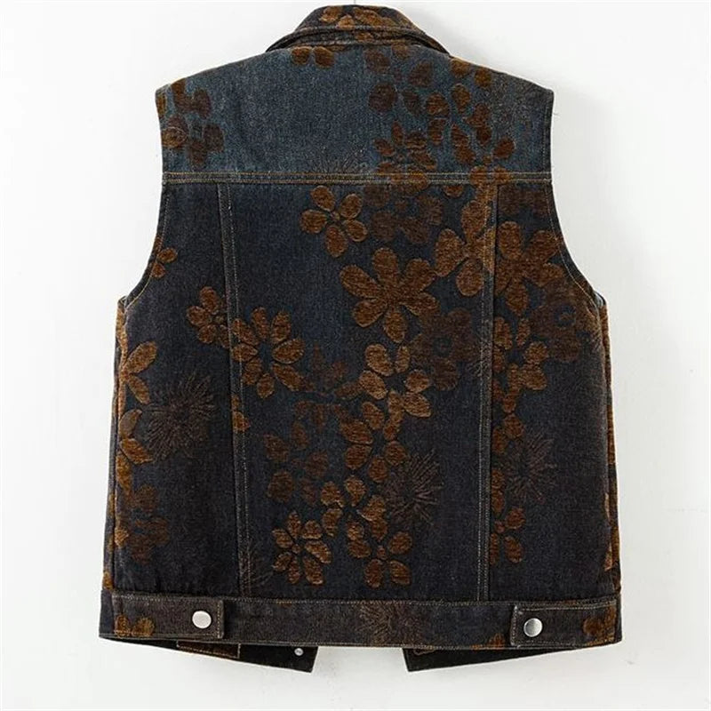 Spring Female Fashion Large Pocket Denim Vest Coat Retro Ladies Flocking Sleeveless Outwear Autumn Women Casual Waistcoat Jacket