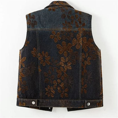 Spring Female Fashion Large Pocket Denim Vest Coat Retro Ladies Flocking Sleeveless Outwear Autumn Women Casual Waistcoat Jacket
