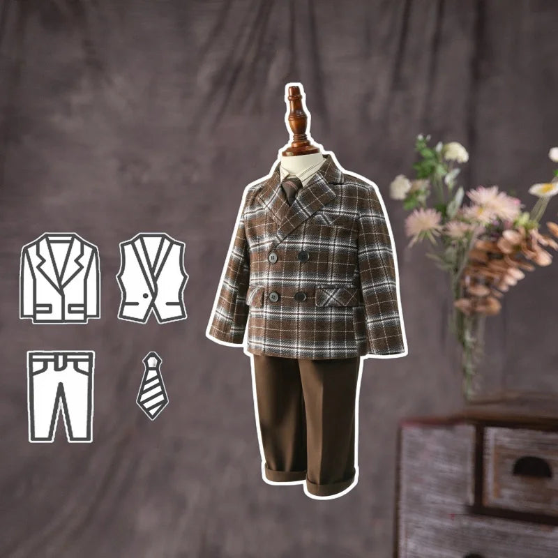 Flower Boys Wedding Outfit Boys Plaid Suit Autumn Winter Blazers Jacket Trousers Set Kids Piano Performance Tuxedo