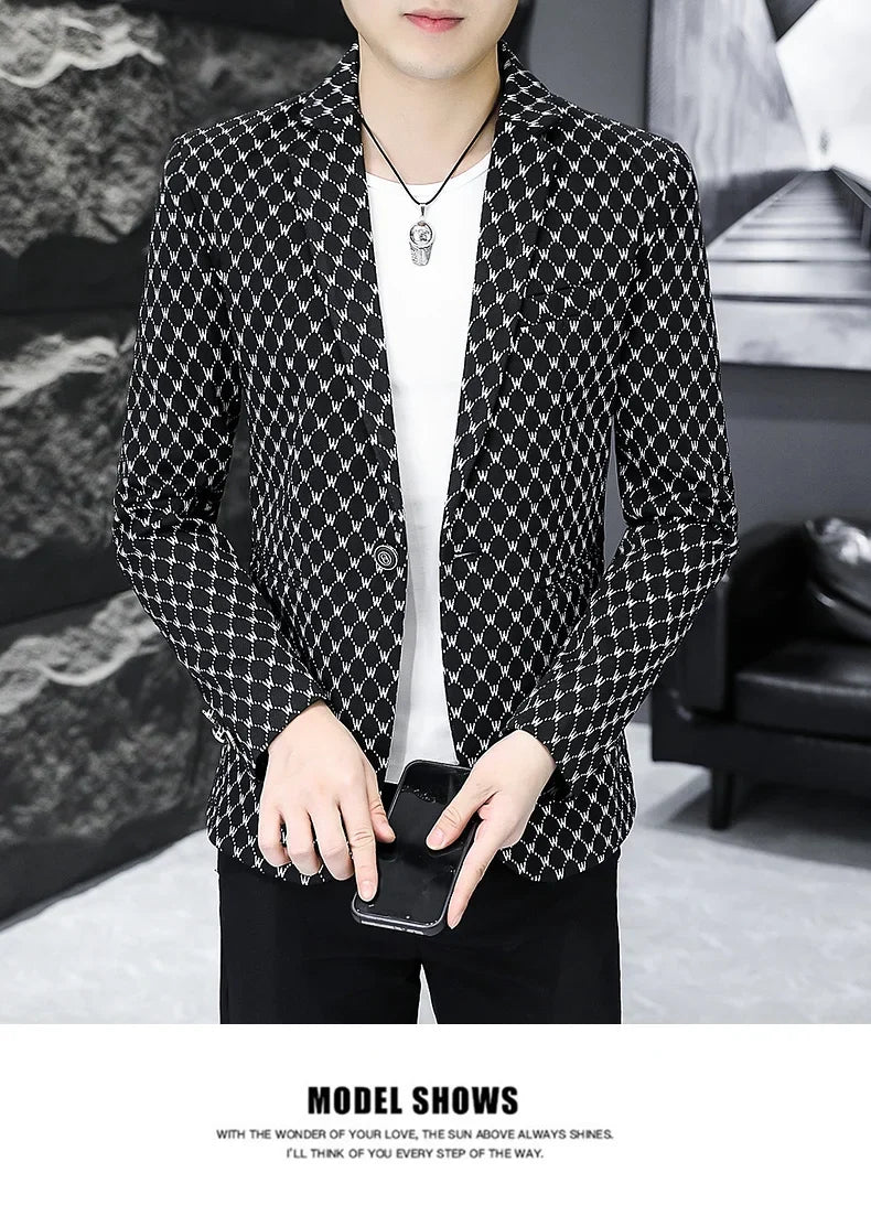 Korean Letter Print Men Blazers Brand 2024 Spring Casual Business Suit Jackets Slim Fit Street Wear Social Jacket Men Clothing